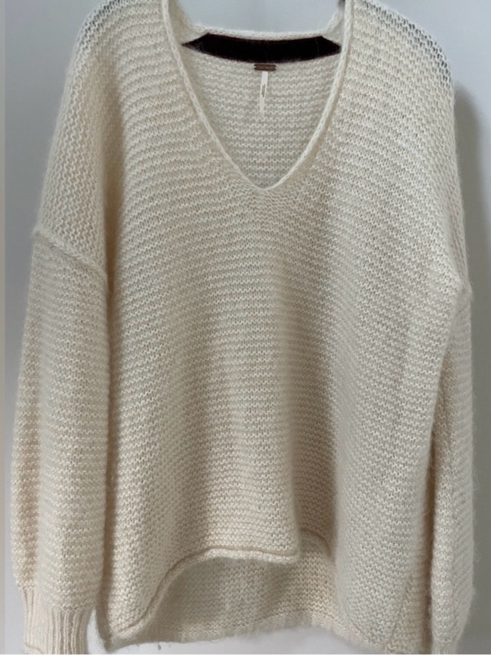 Free People V-Neck Alpaca Cotton Cream Knit Oversized Women's Sweater Size XS